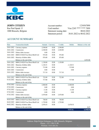 Download Belgium KBC bank statement excel Photoshop template
